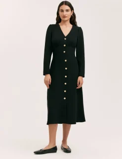 Crepe V-Neck Midi Waisted Dress