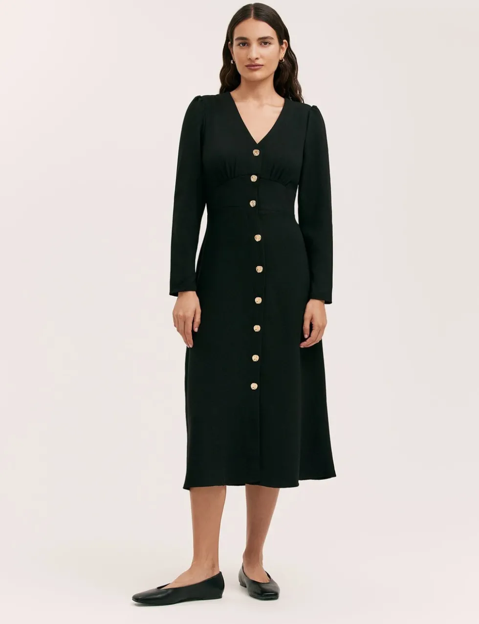 Crepe V-Neck Midi Waisted Dress