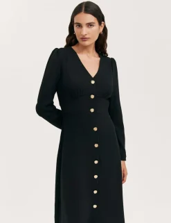 Crepe V-Neck Midi Waisted Dress