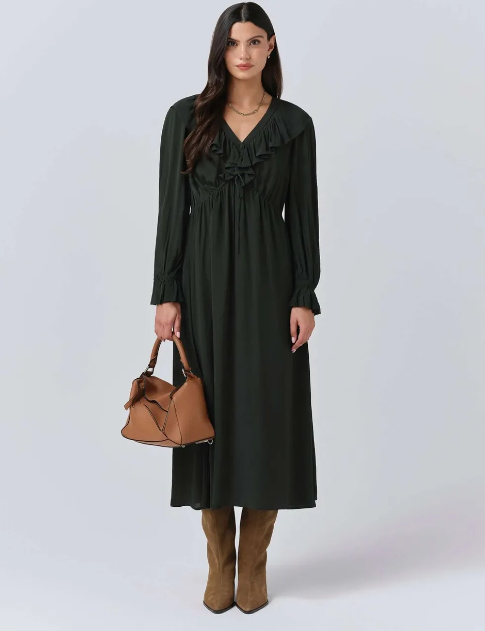 Crepe V-Neck Tie Waist Midi Dress