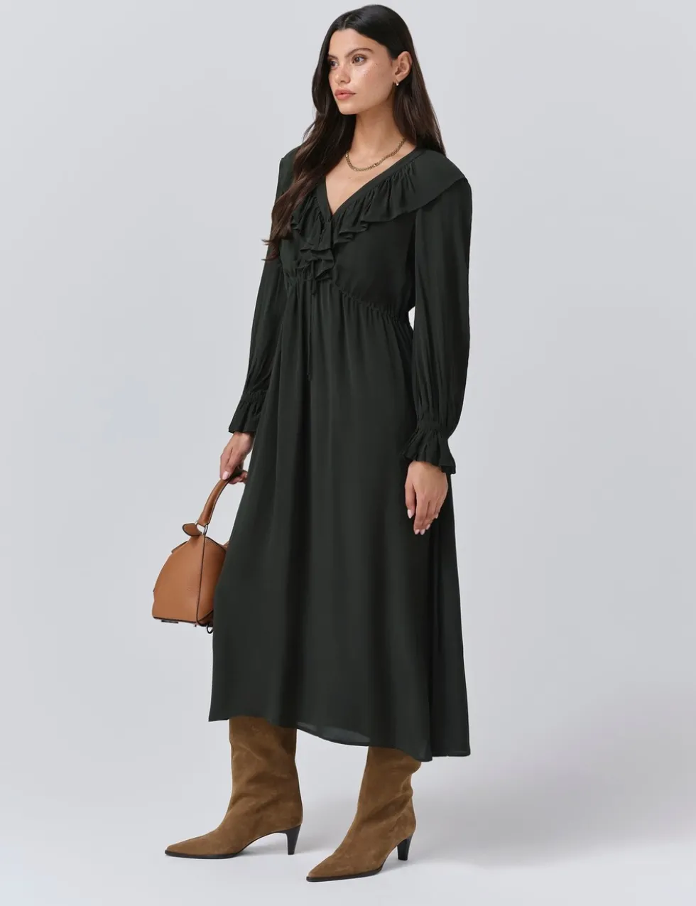 Crepe V-Neck Tie Waist Midi Dress