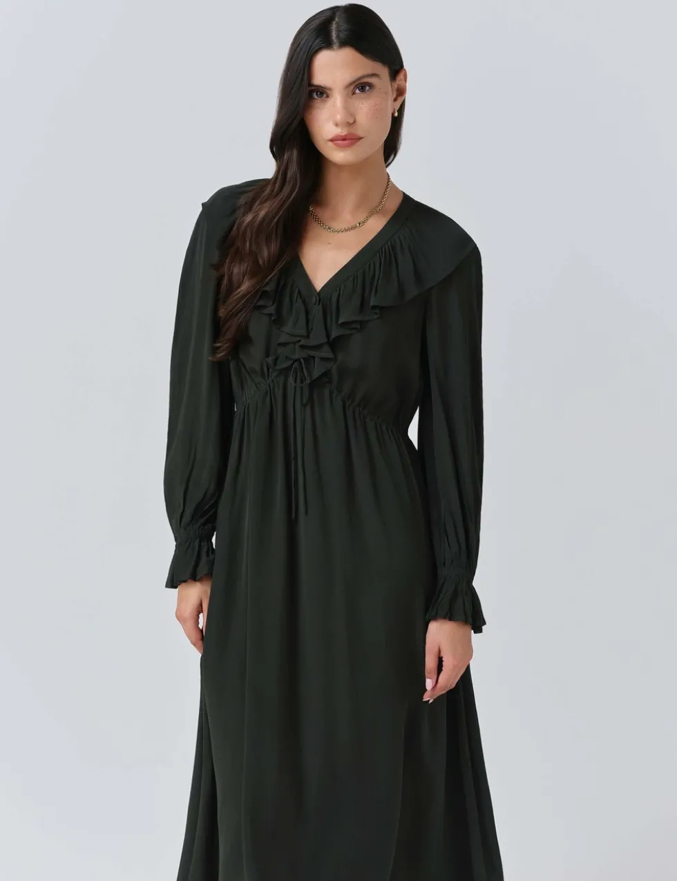 Crepe V-Neck Tie Waist Midi Dress