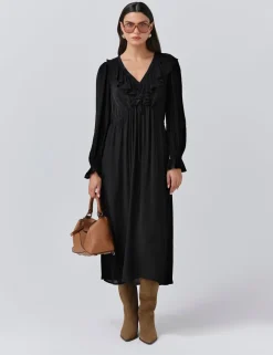 Crepe V-Neck Tie Waist Midi Dress