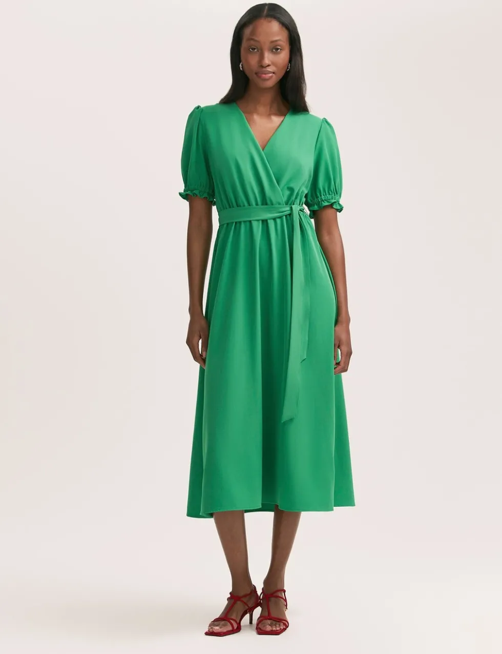 Crepe V-Neck Tie Waist Midi Wrap Dress