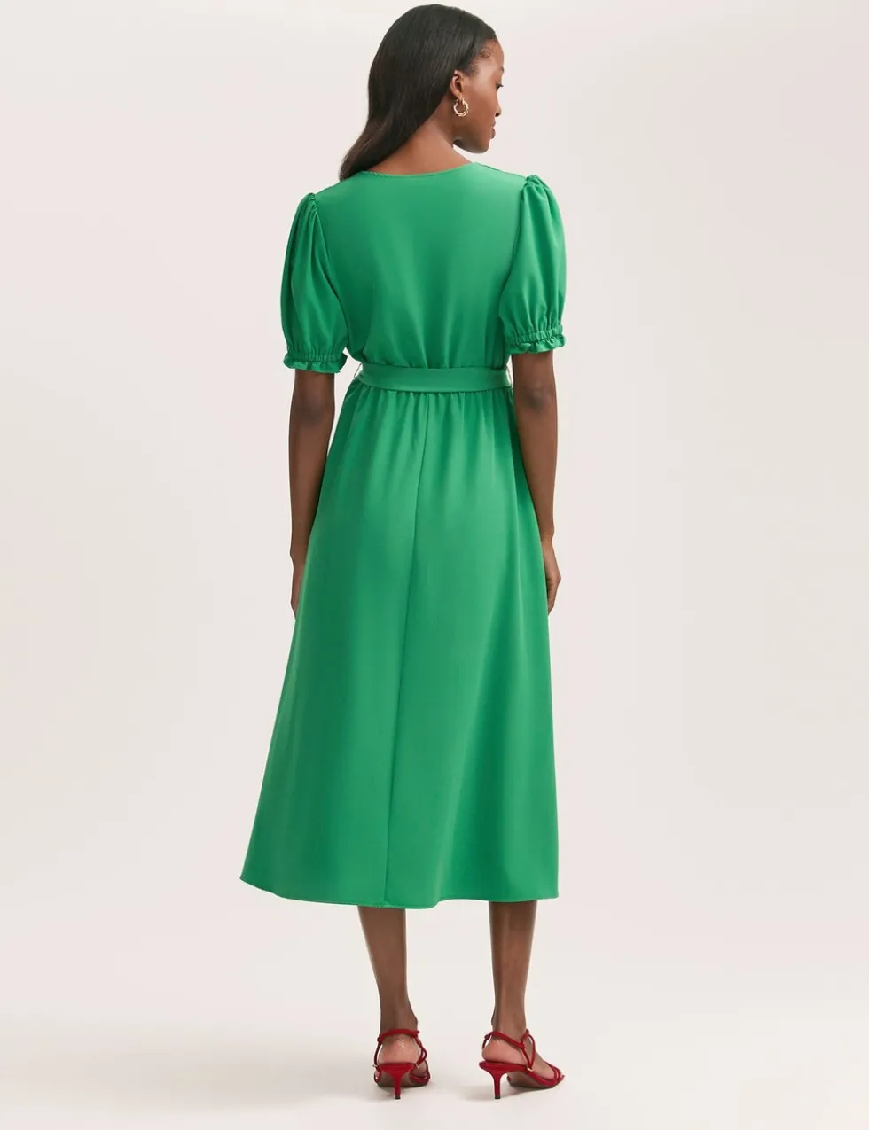 Crepe V-Neck Tie Waist Midi Wrap Dress