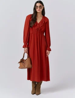 Crepe V-Neck Tie Waist Midi Dress