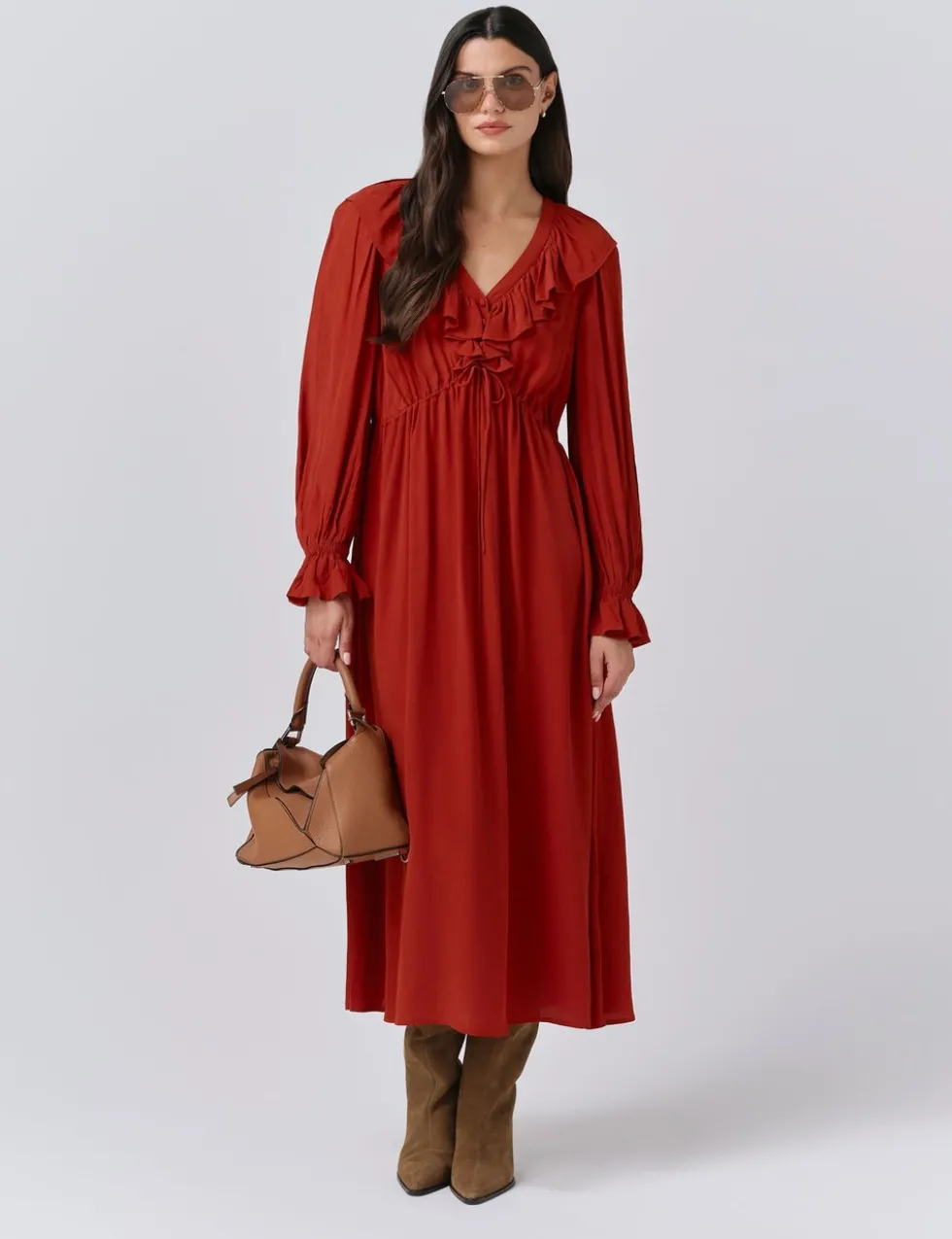 Crepe V-Neck Tie Waist Midi Dress