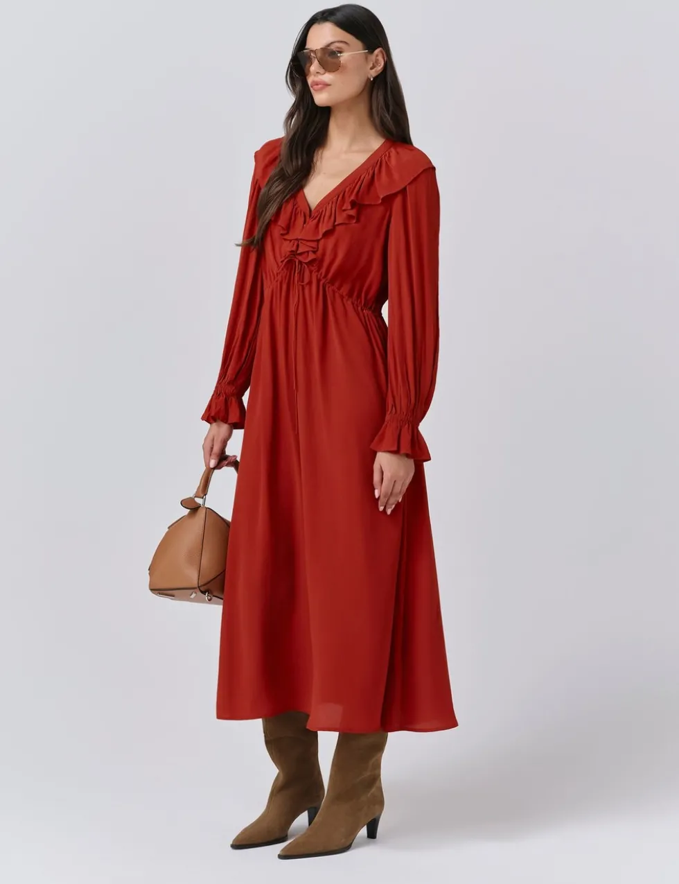 Crepe V-Neck Tie Waist Midi Dress