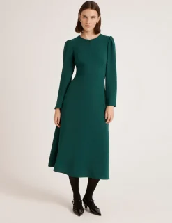 Crepe Zip Front Midi Waisted Dress