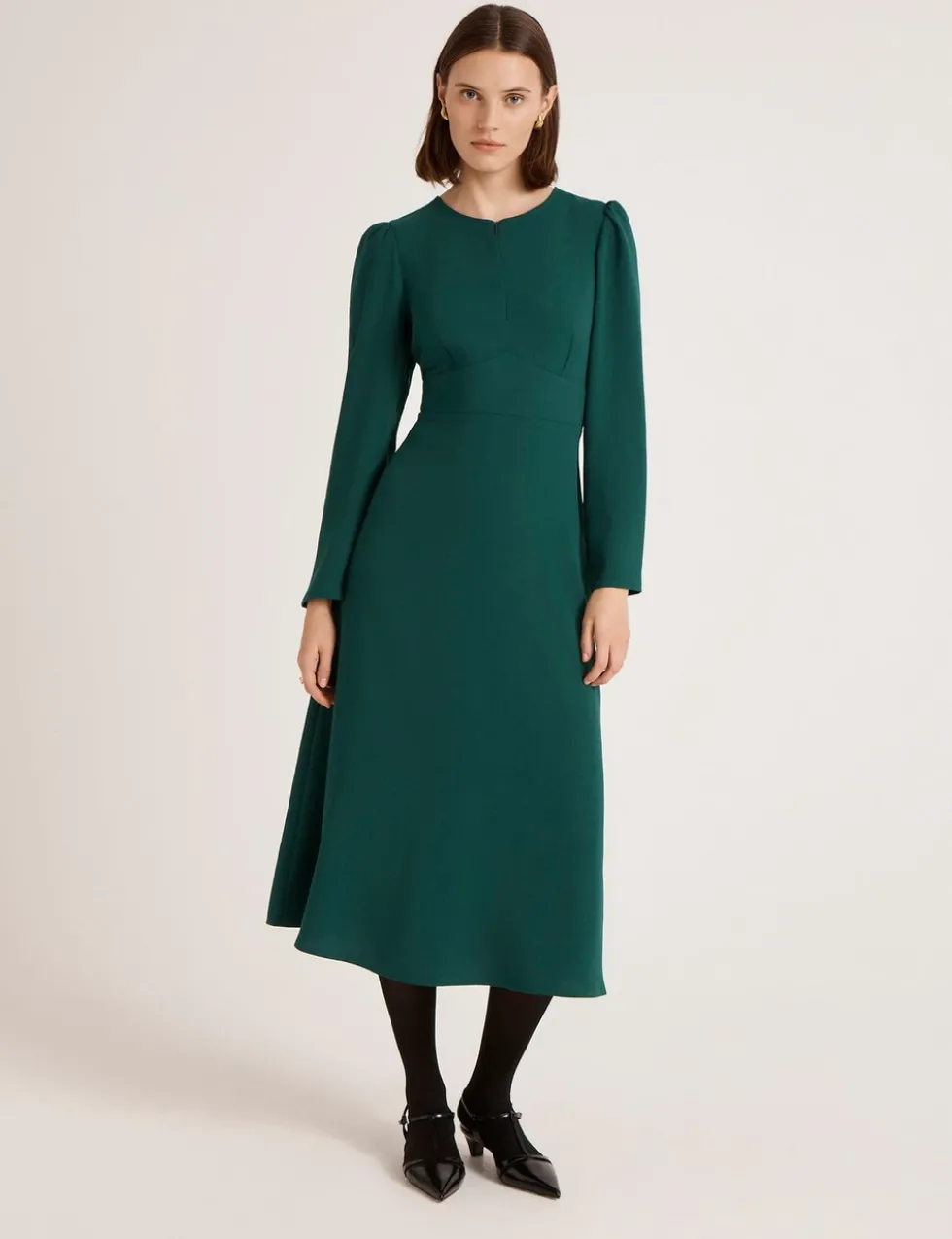 Crepe Zip Front Midi Waisted Dress