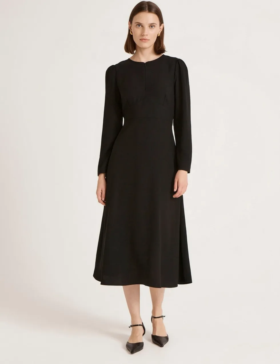 Crepe Zip Front Midi Waisted Dress