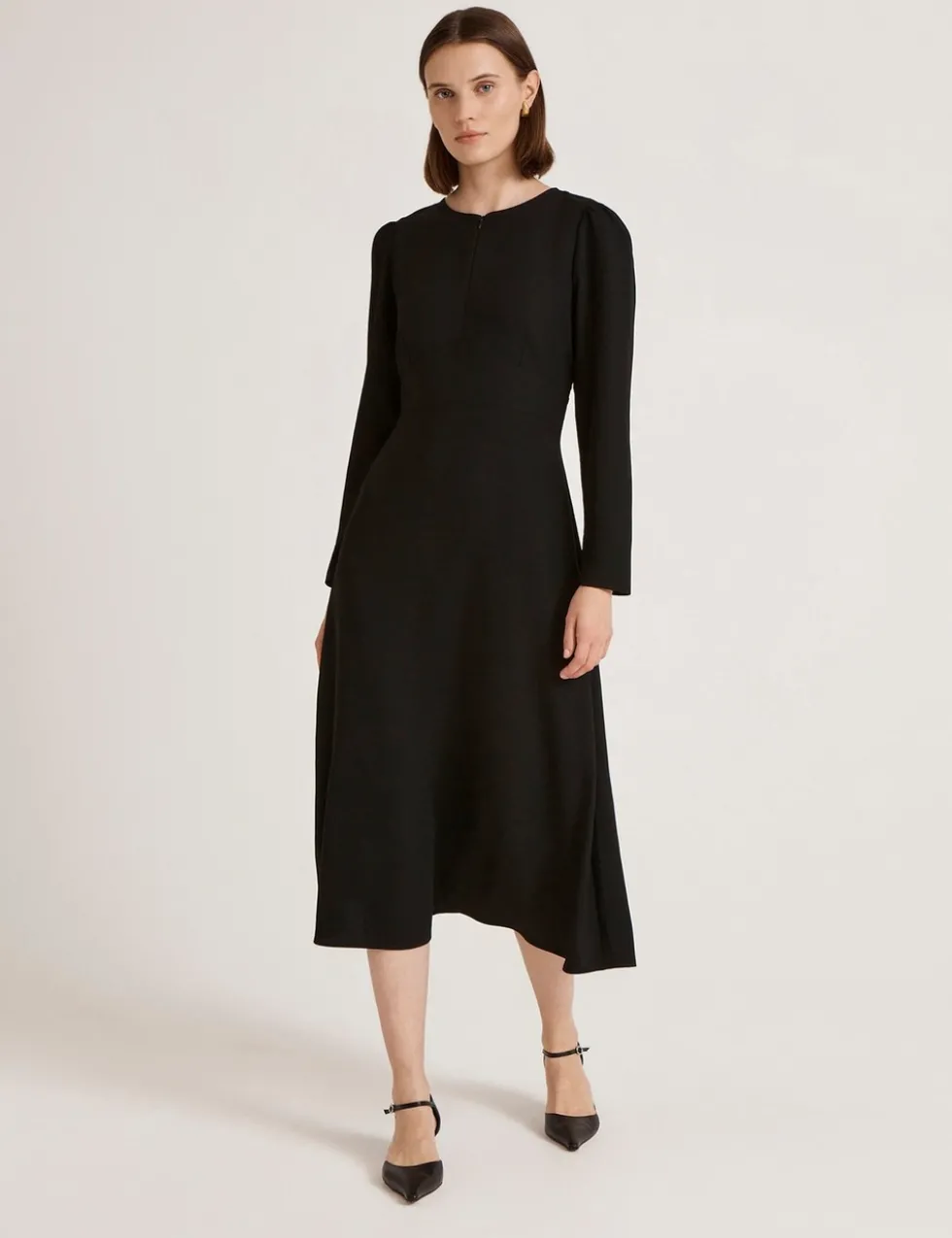 Crepe Zip Front Midi Waisted Dress