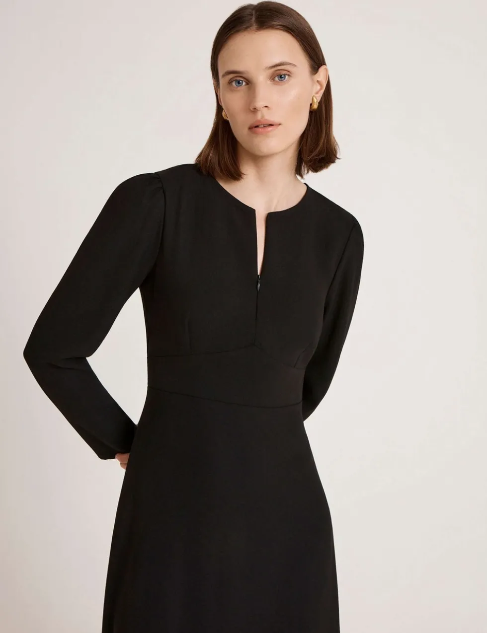 Crepe Zip Front Midi Waisted Dress