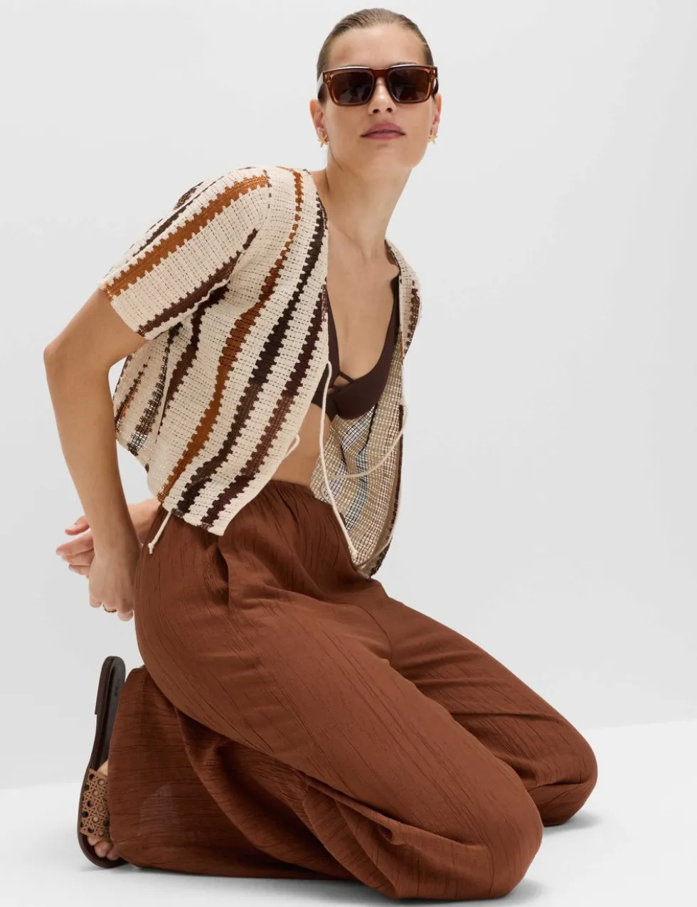 Crinkle Elasticated Waist Wide Leg Trousers
