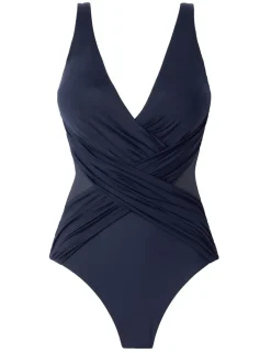 Crossover Mesh Non-Wired Soft Cup Push-Up Extra Firm Tummy Control V-Neck Swimsuit