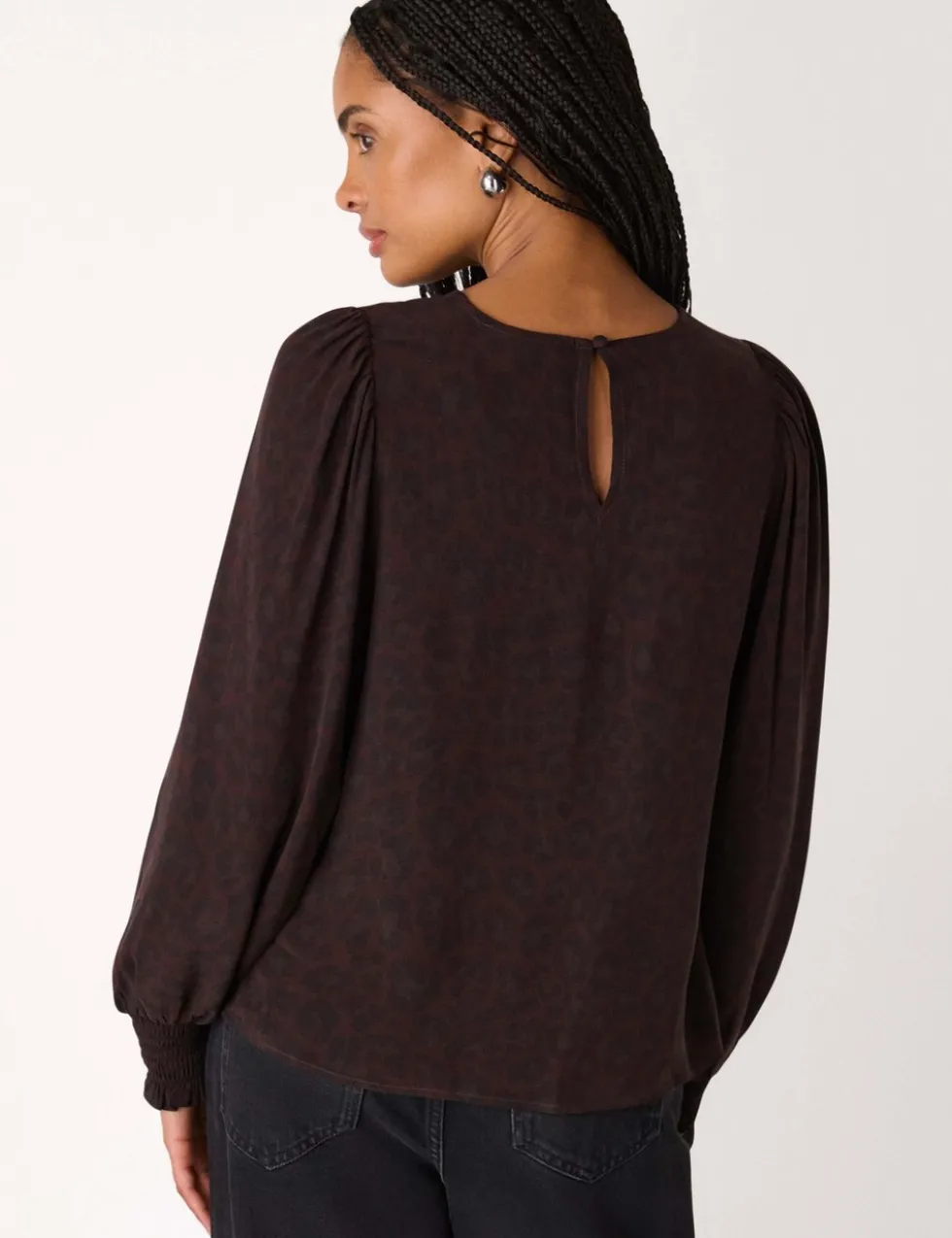 Cupro Rich Leopard Print Shirred Cuff Blouse
