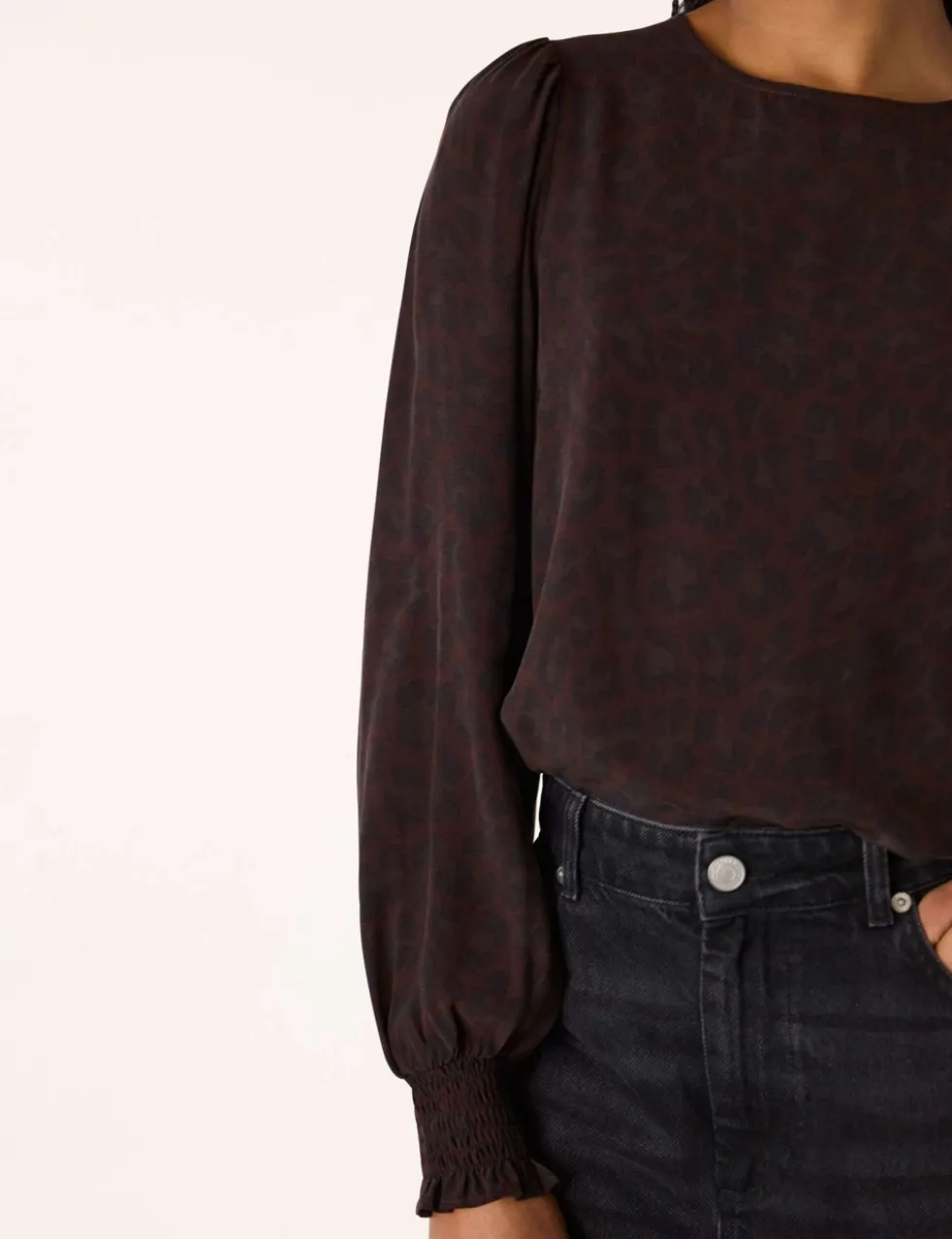 Cupro Rich Leopard Print Shirred Cuff Blouse