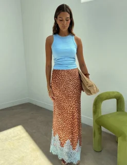Deer Print Lace Detail Midaxi Slip Skirt