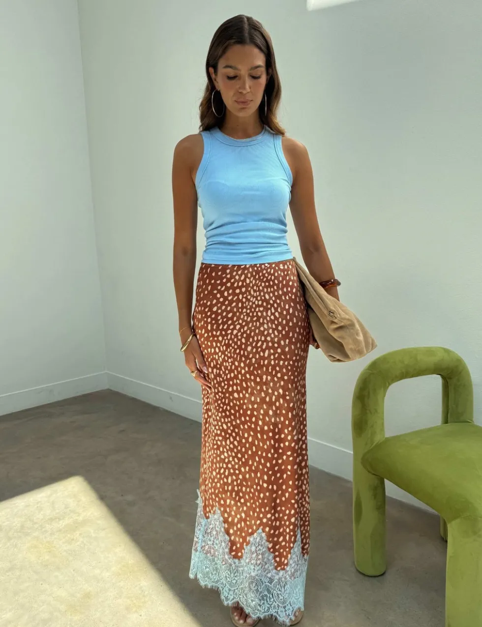 Deer Print Lace Detail Midaxi Slip Skirt
