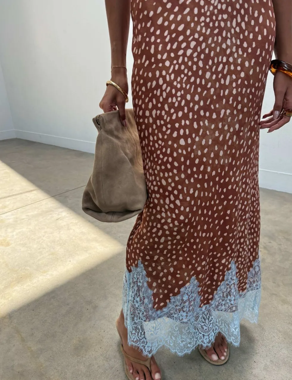 Deer Print Lace Detail Midaxi Slip Skirt