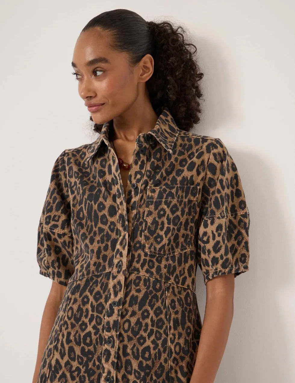 Denim Animal Print Midi Shirt Dress