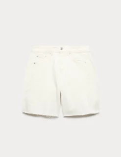 Denim Barrel Raw Hem Mid Rise Shorts
