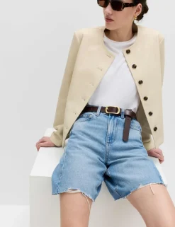 Denim Barrel Raw Hem Mid Rise Shorts