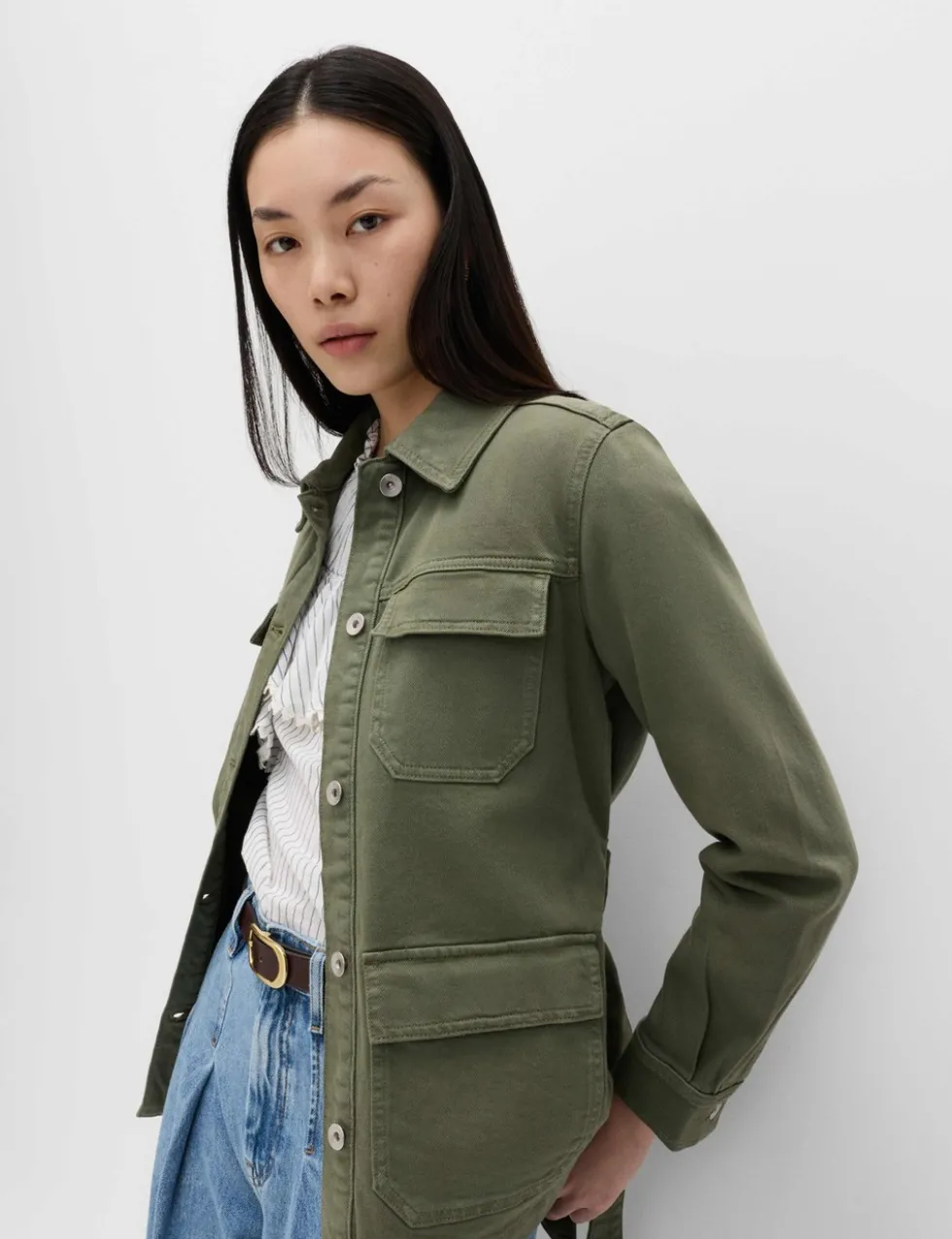 Denim Belted Collared Utility Shacket
