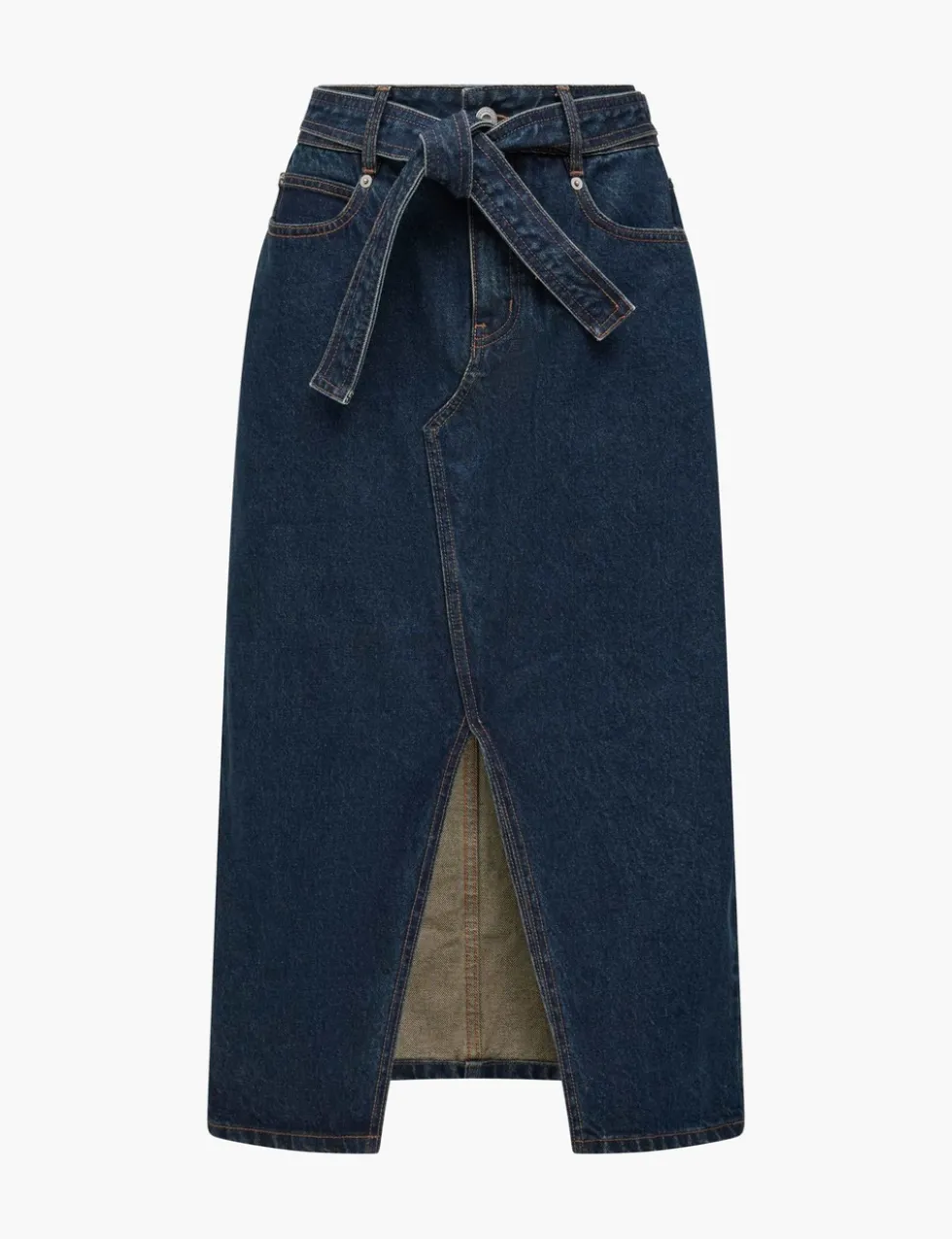 Denim Belted Midi Skirt