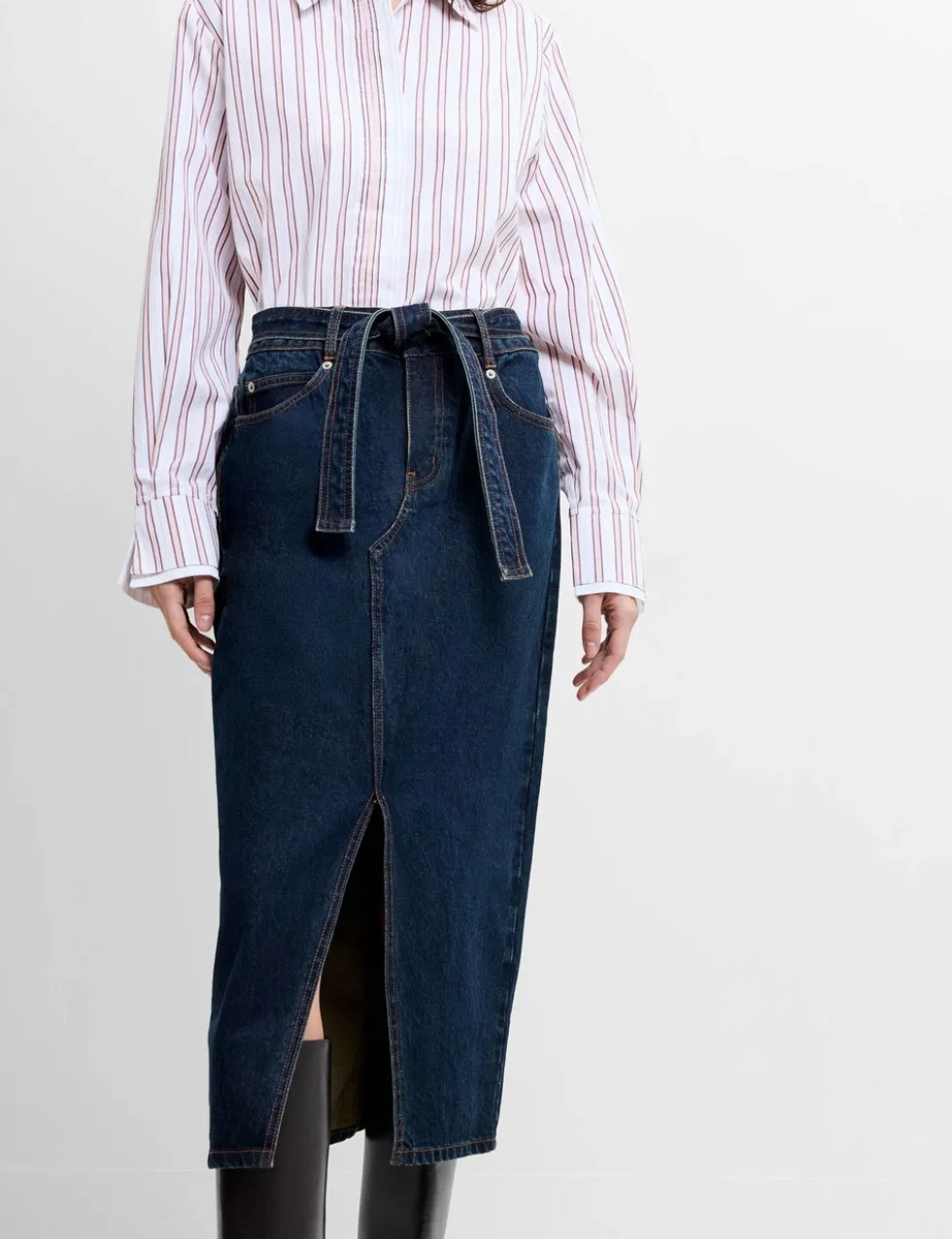 Denim Belted Midi Skirt