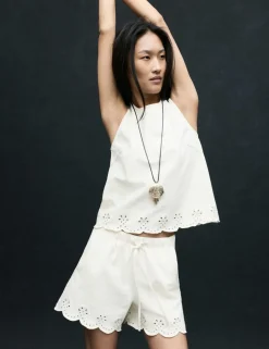 Denim Broderie Pull On High Waisted Shorts