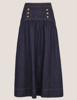 Denim Button Detail Midi Skirt