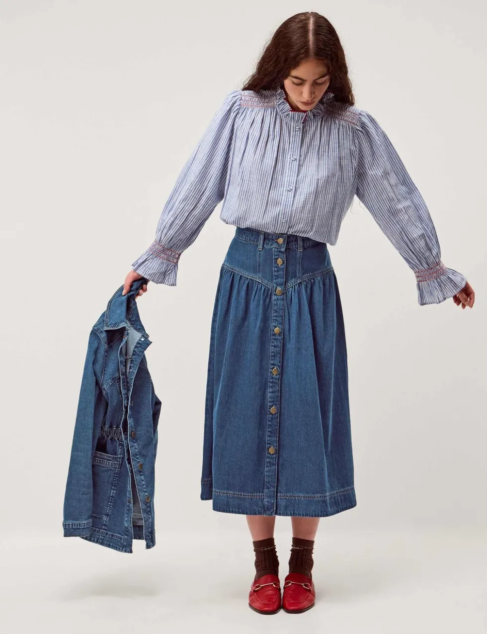 Denim Button Front Midi Skirt