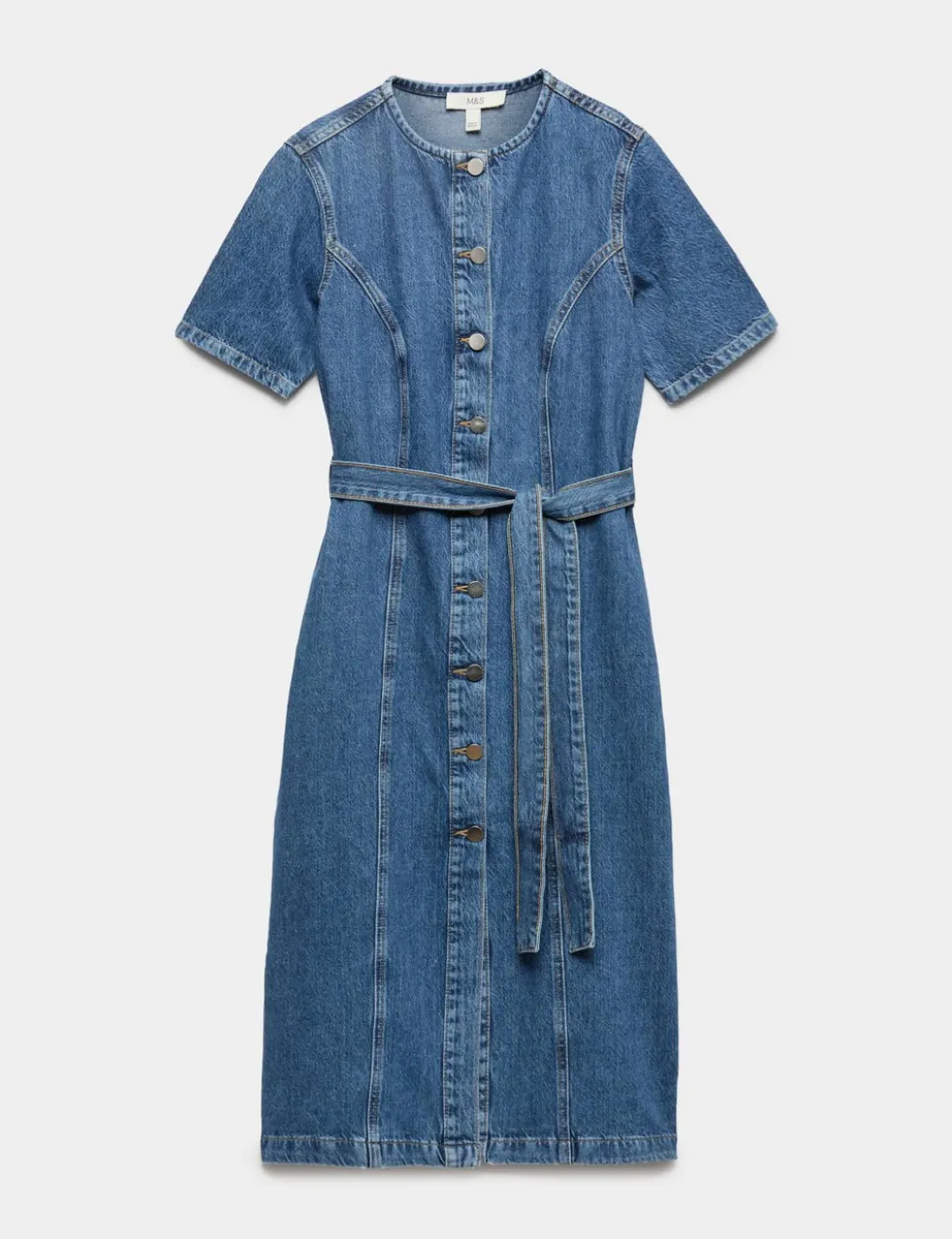 Denim Button Through Midi Waisted Dress