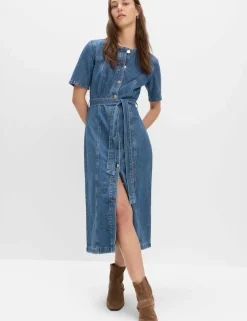 Denim Button Through Midi Waisted Dress