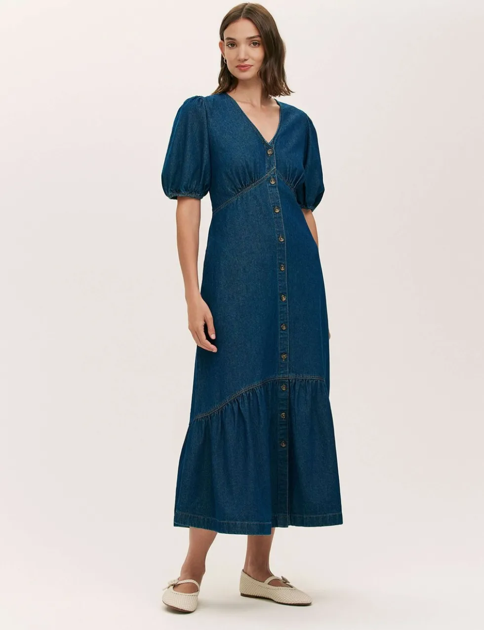 Denim Button Through Midi Tiered Dress