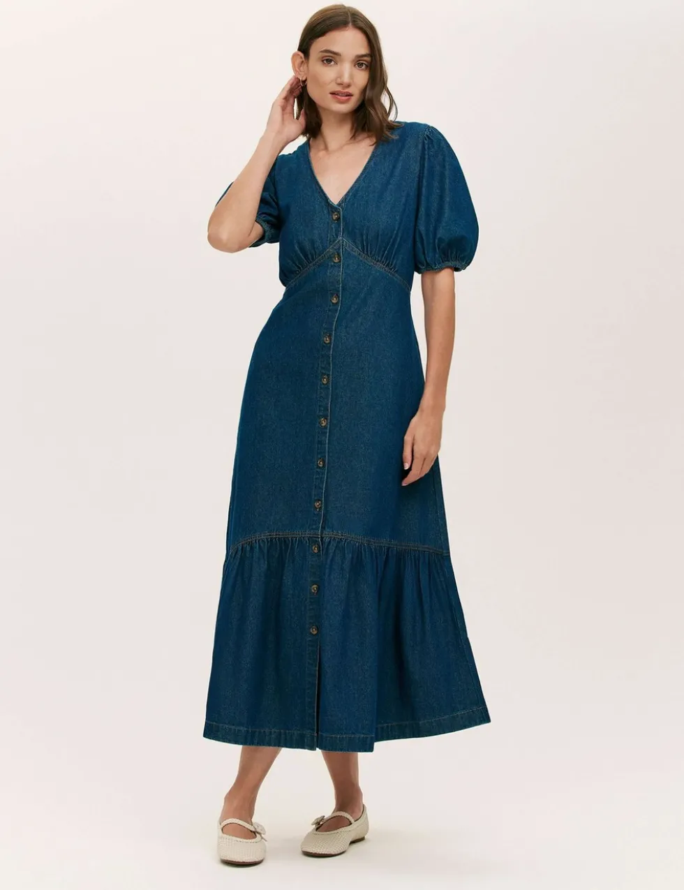 Denim Button Through Midi Tiered Dress