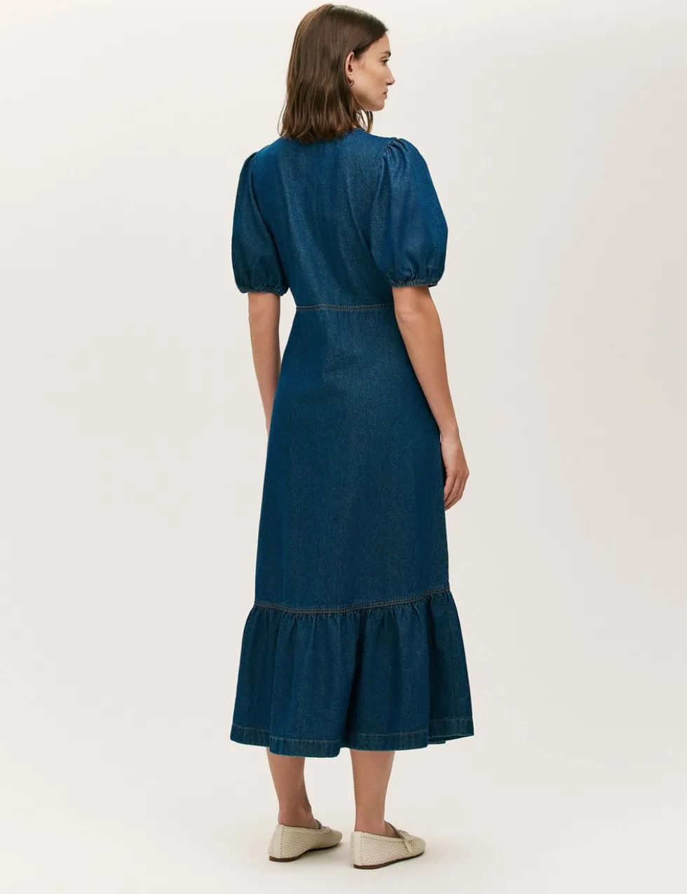Denim Button Through Midi Tiered Dress