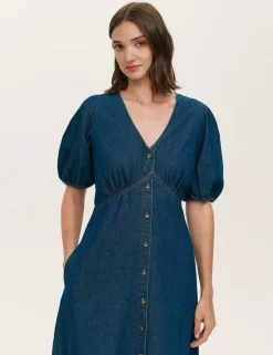 Denim Button Through Midi Tiered Dress