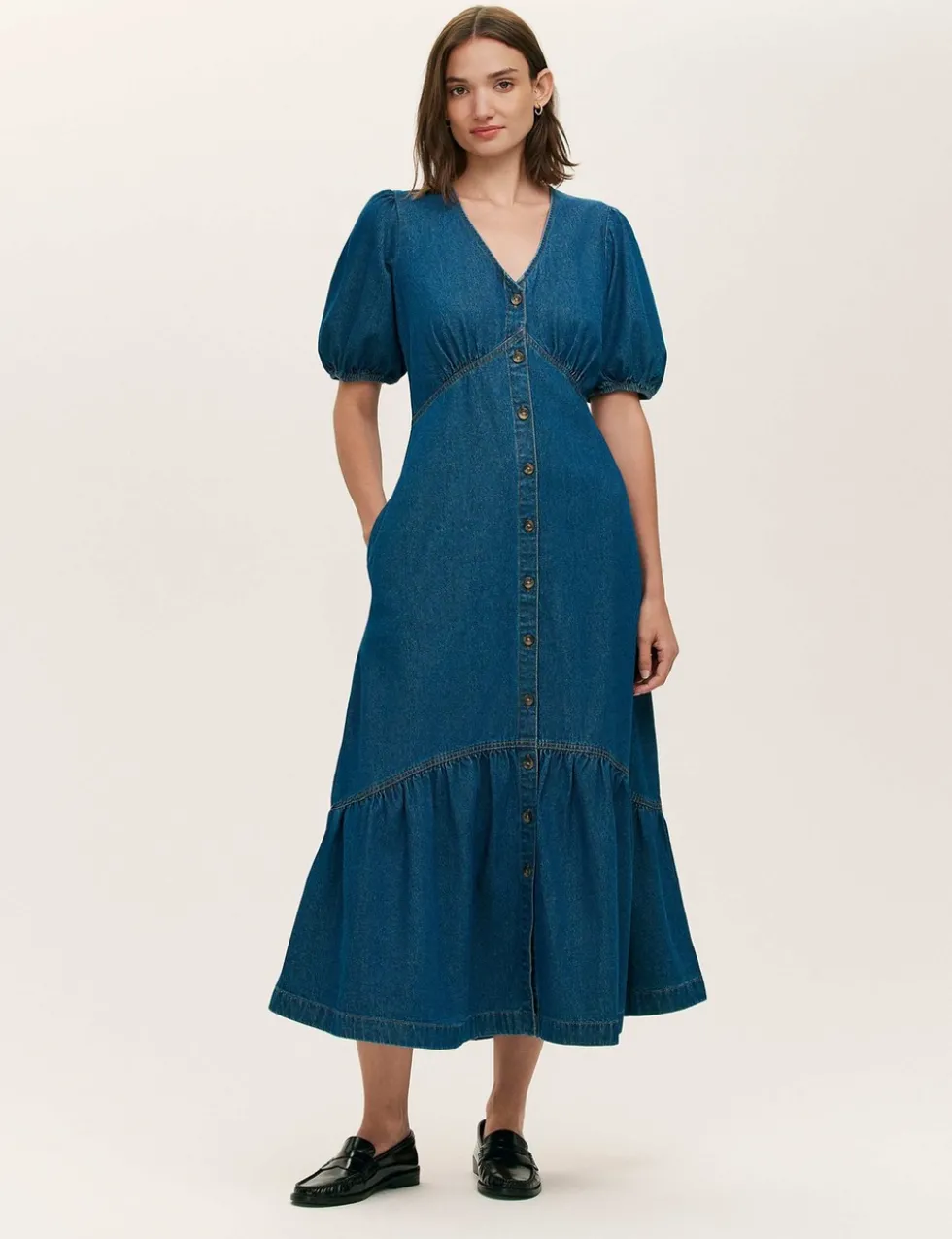 Denim Button Through Midi Tiered Dress