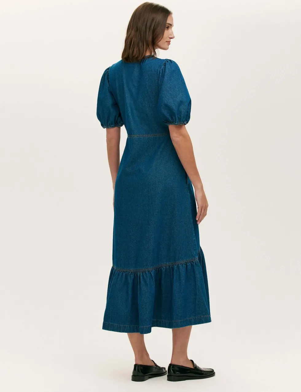 Denim Button Through Midi Tiered Dress