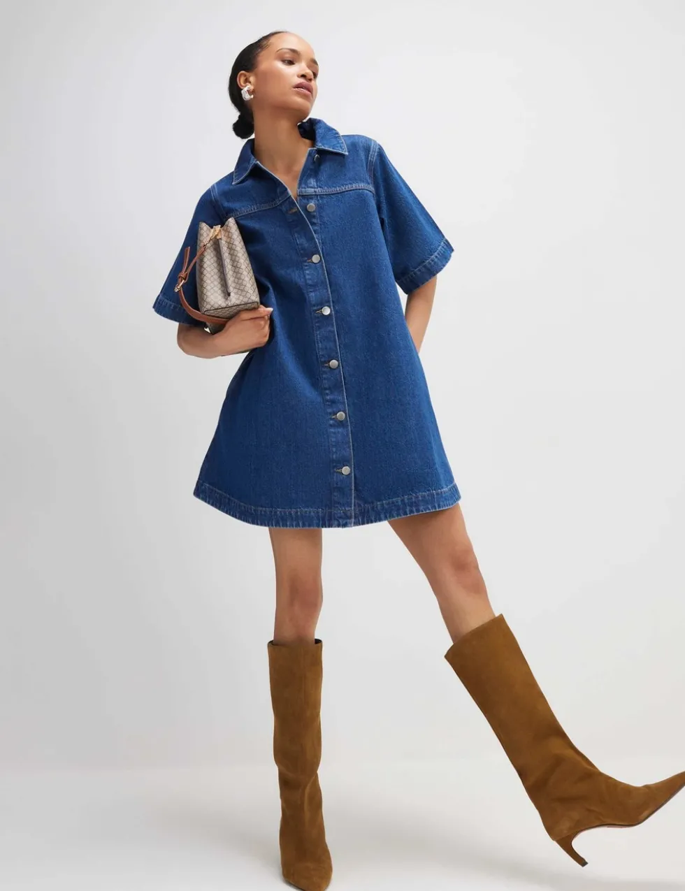 Denim Button Through Mini Shirt Dress