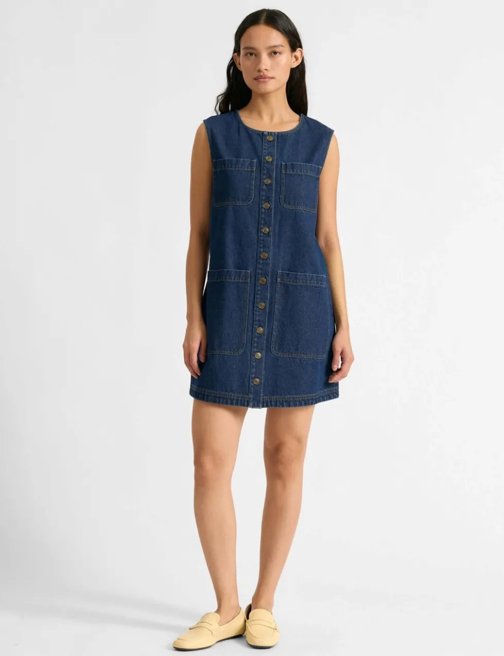 Denim Button Through Mini Shift Dress