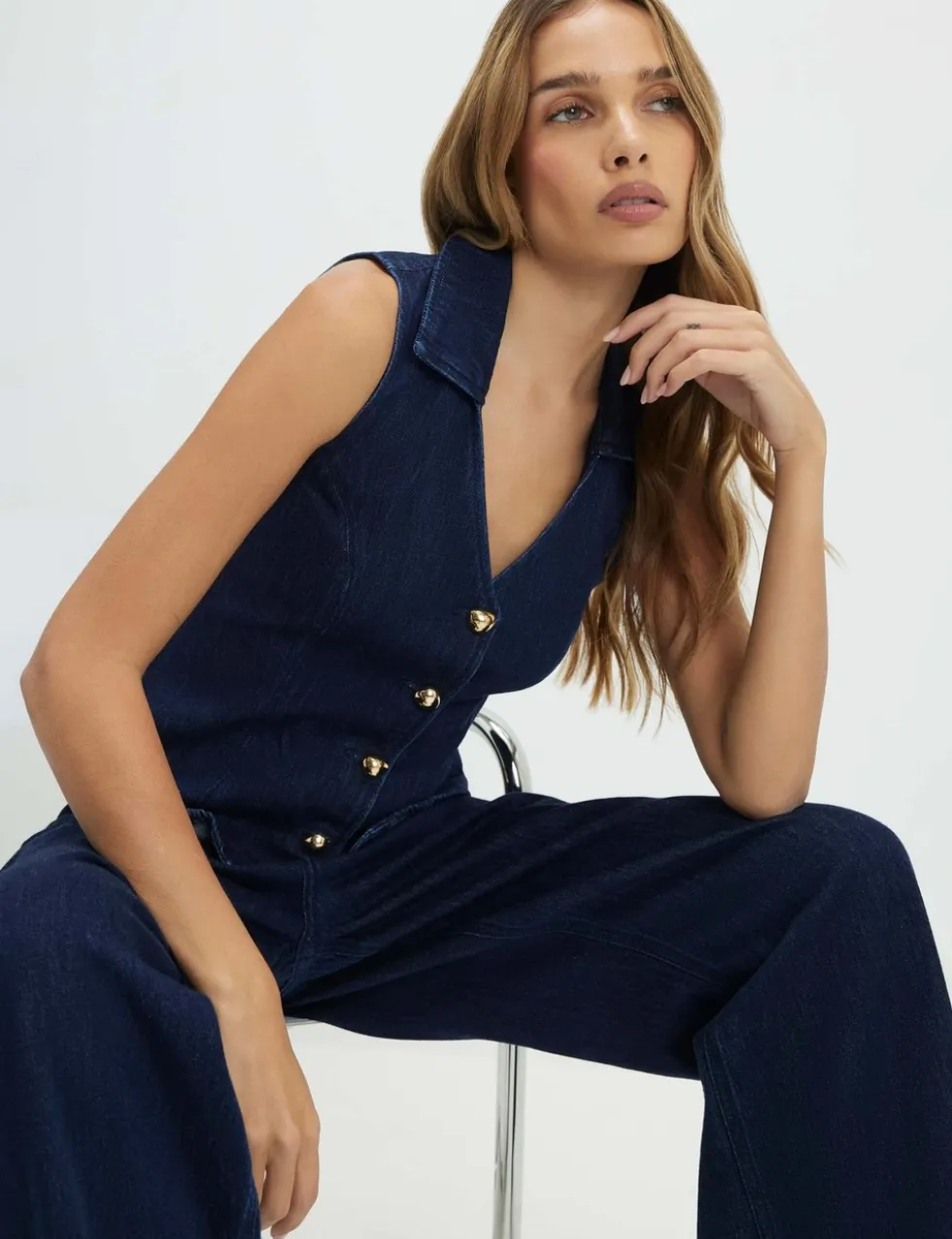 Denim Collared Button Through Waistcoat