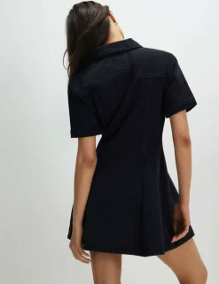 Denim Collared Pleat Front Mini Shirt Dress