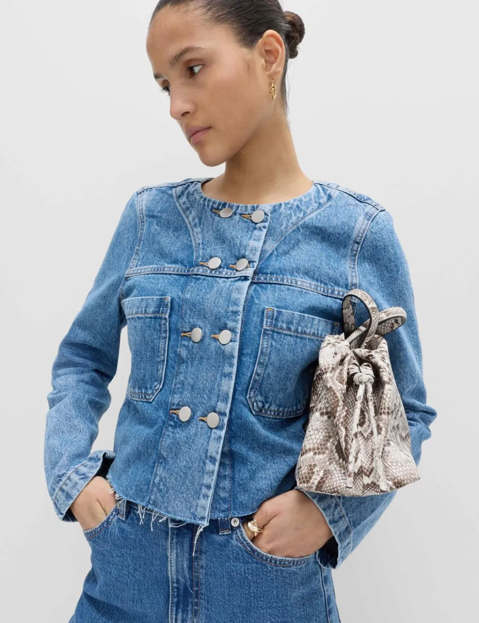 Denim Collarless Double-Breasted Cropped Jacket