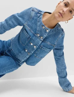 Denim Collarless Double-Breasted Cropped Jacket
