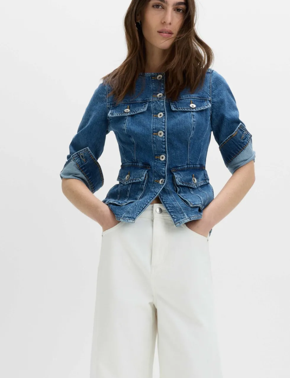 Denim Collarless Fitted Utility Jacket