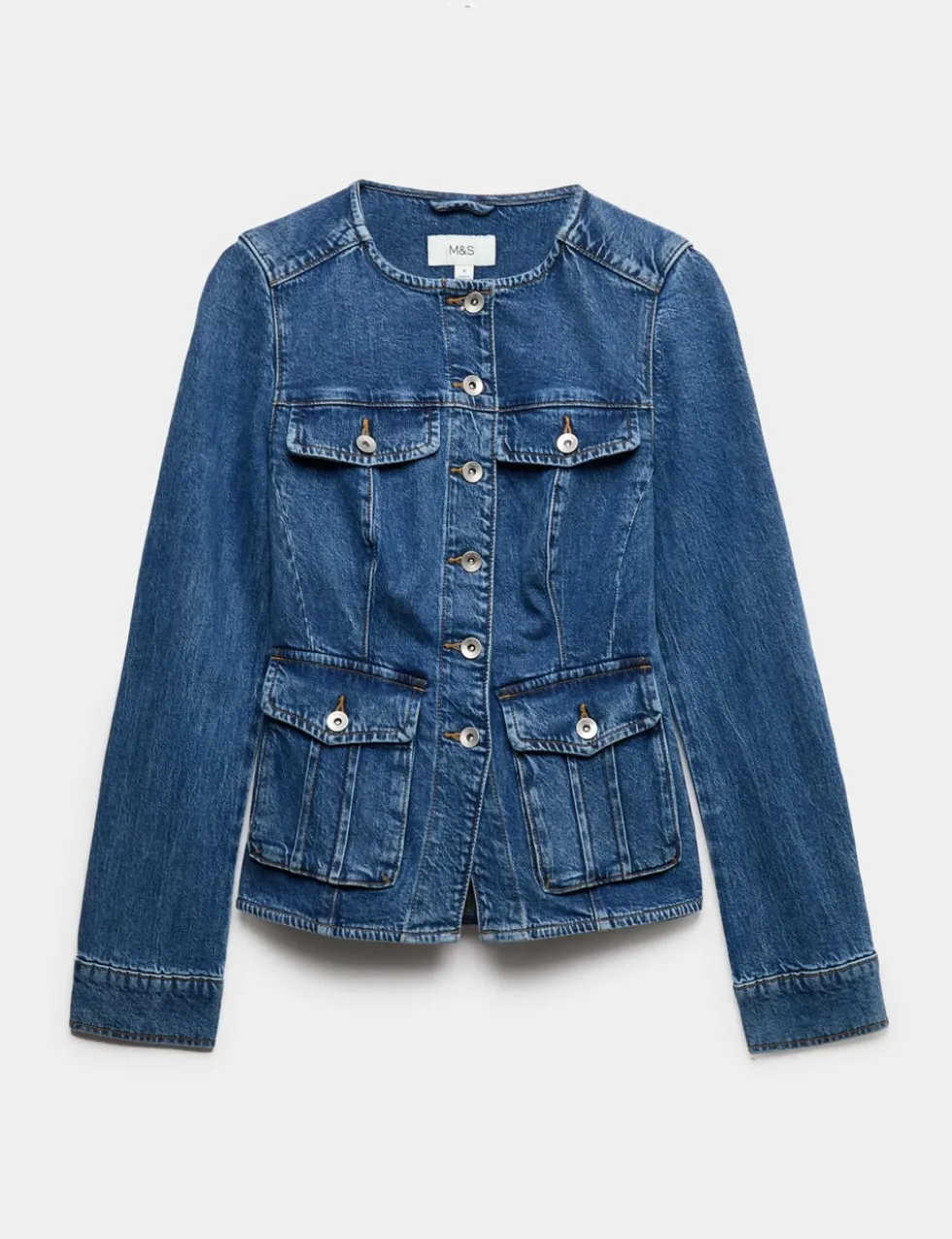 Denim Collarless Fitted Utility Jacket