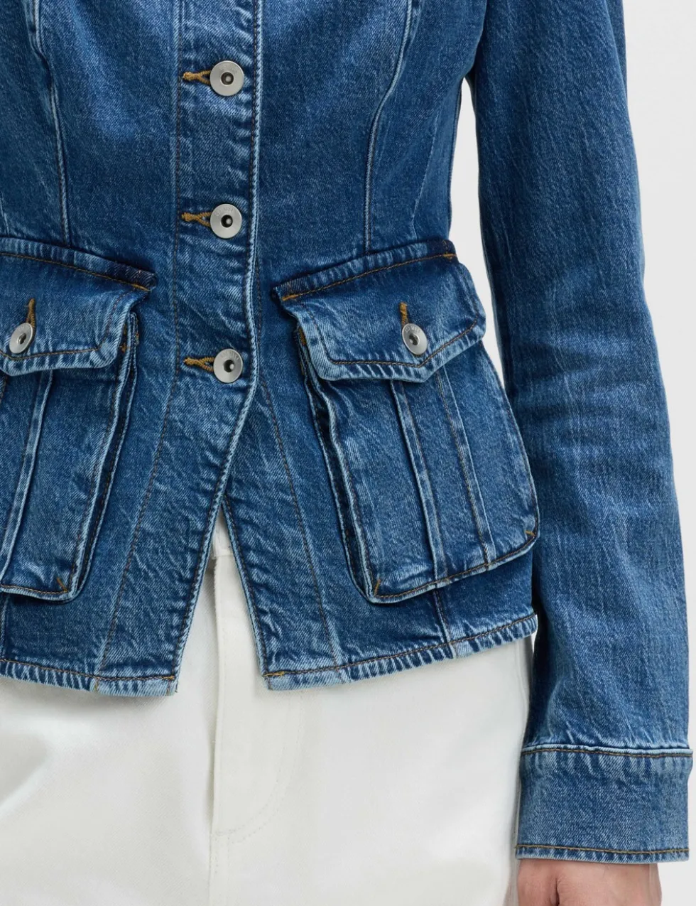 Denim Collarless Fitted Utility Jacket